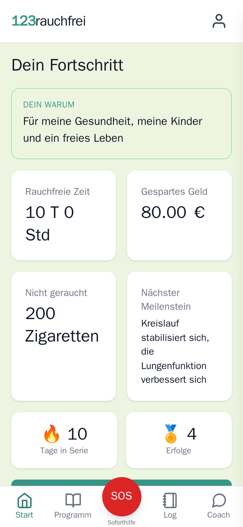 Dashboard mit rauchfreier Zeit, gespartem Geld und Meilensteinen