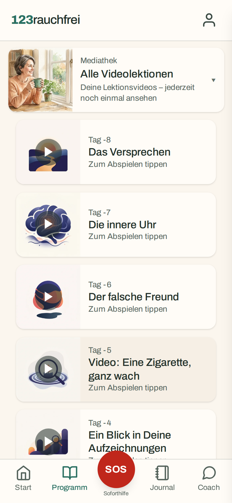 Mediathek mit allen Lektionsvideos zum erneuten Ansehen