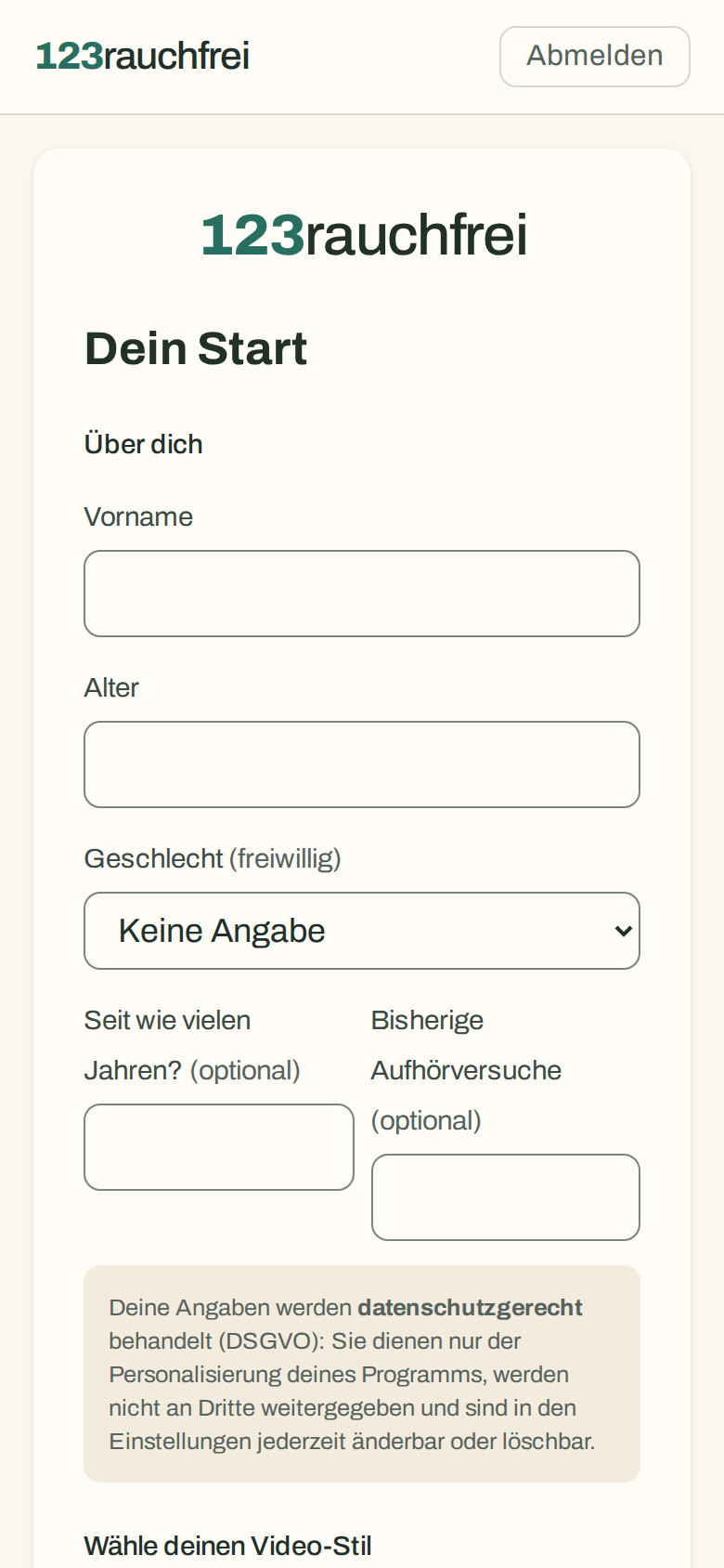 Kurze Einrichtung mit wenigen Angaben zu dir